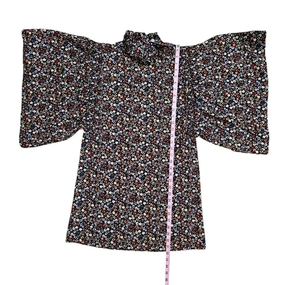 Zara Black Floral Mini Dress Bell Sleeves Ruffle Neck Cottagecore Boho Size S - Picture 7 of 7